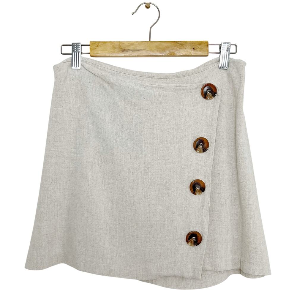 Altar’d State Linen Button Front High Waist Mini Skirt in Natural Oat L